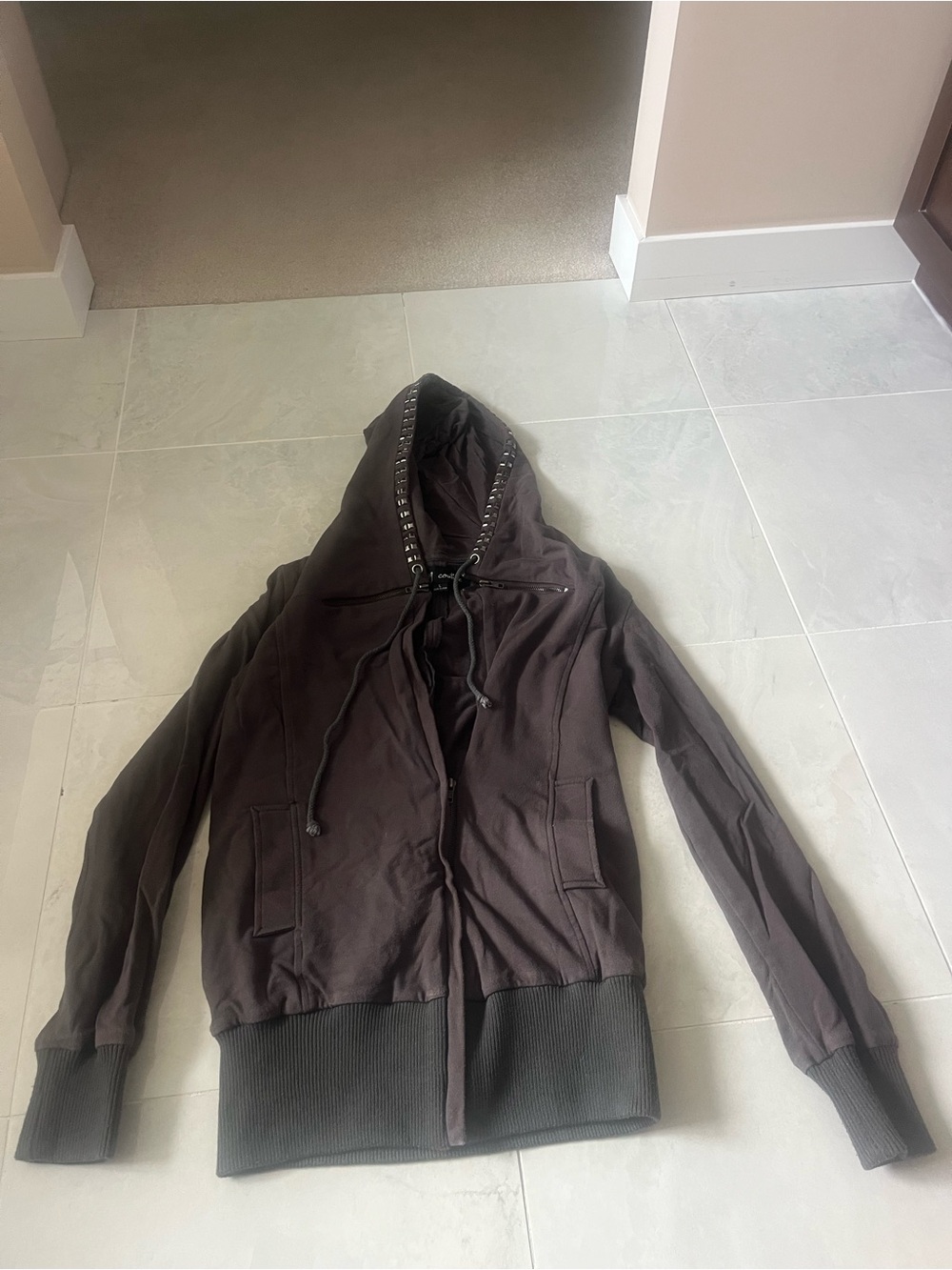 Women’s Dark Grey Hooded Zip-Up Jacket with Studs on the Hood